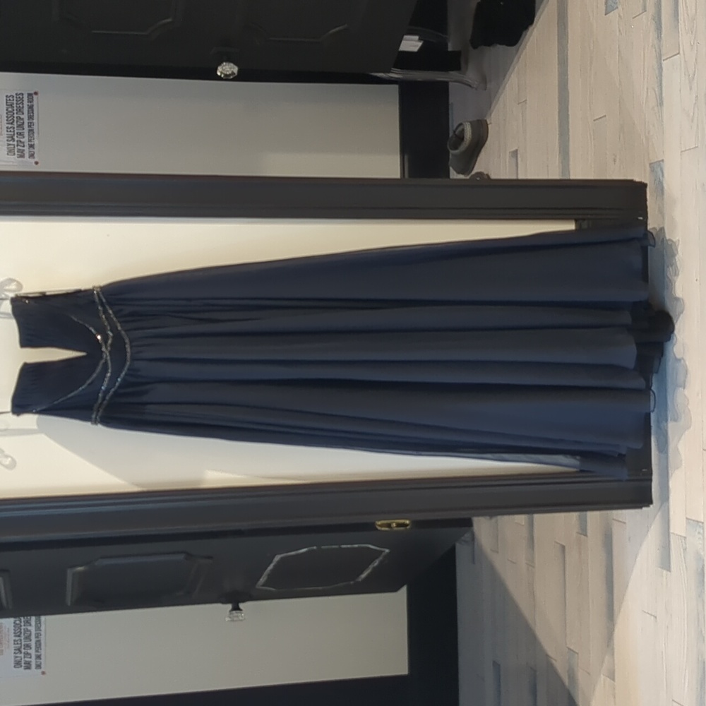 Jovani Navy Strapless Beaded Empire Gown